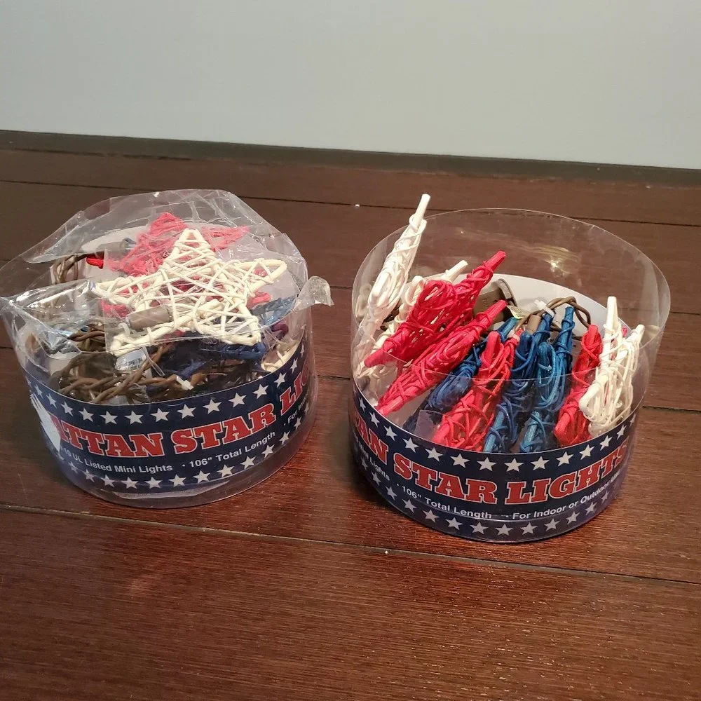 Set of 2-Red White Blue Rattan Star Light Strand-July 4-Patriotic-8 Feet Ea-New